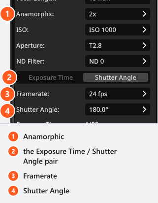 Blackmagic URSA 的摄像机模式:帧率 24 fps,快门角度 180.0°,镜头变形 2x,光圈 T2.8