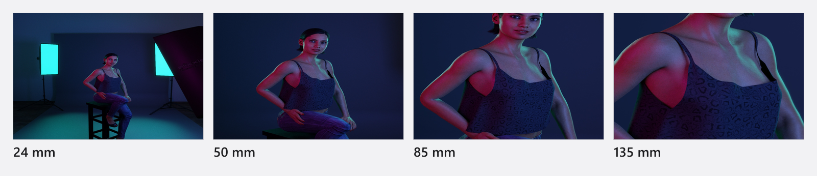 相机位置不变:24 mm · 50 mm · 85 mm · 135 mm