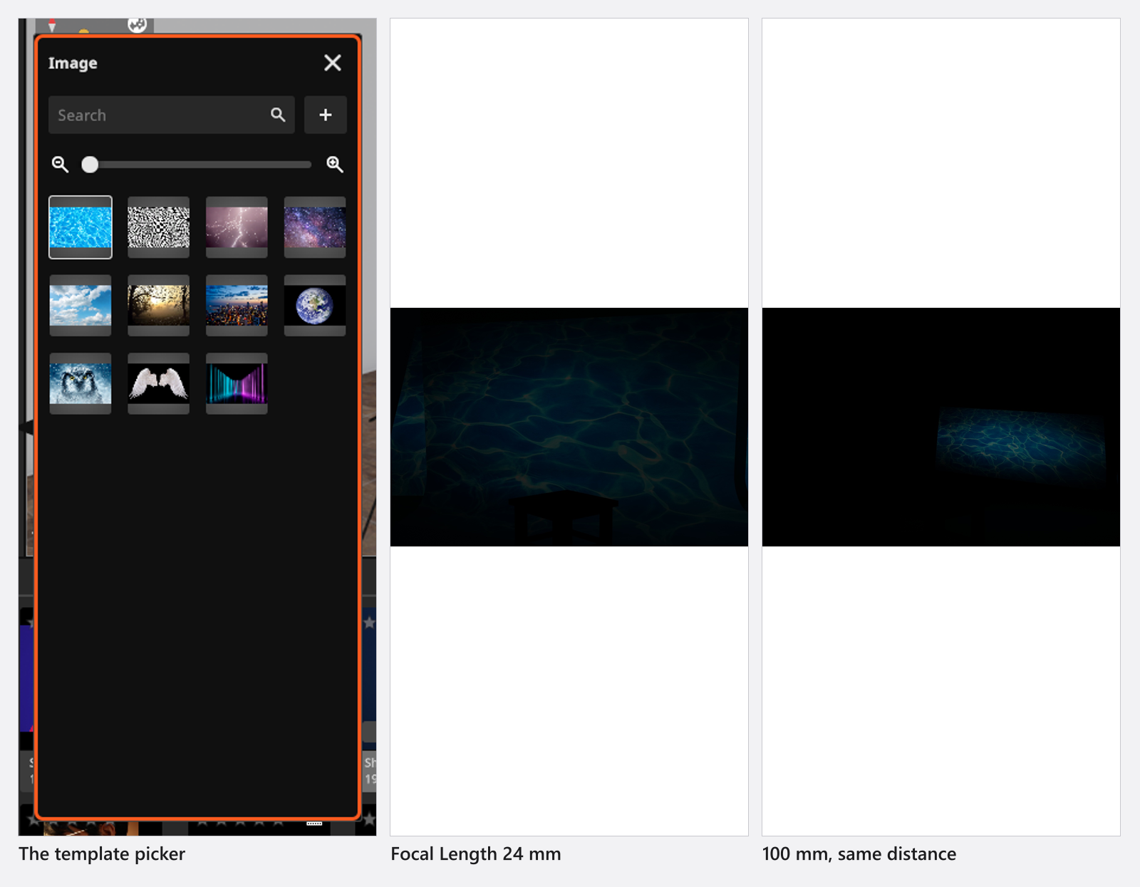 模板选择器,以及同一张幻灯片在相同距离下,焦距为 24 mm 和 100 mm