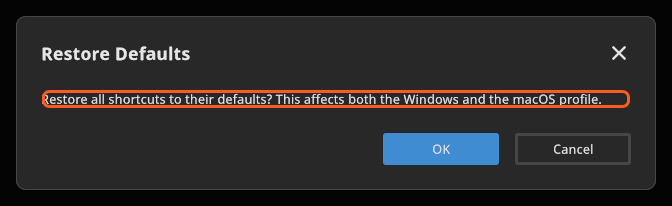 恢复默认设置会先询问——并且同时重置 Windows 和 macOS 的按键