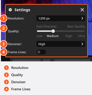 默认的渲染设置：分辨率 `1200 px`，质量 `Medium`，去噪器 `High`，取景框线关闭