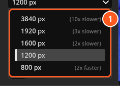 展开的分辨率列表及其速度估计,选中 `1200 px`