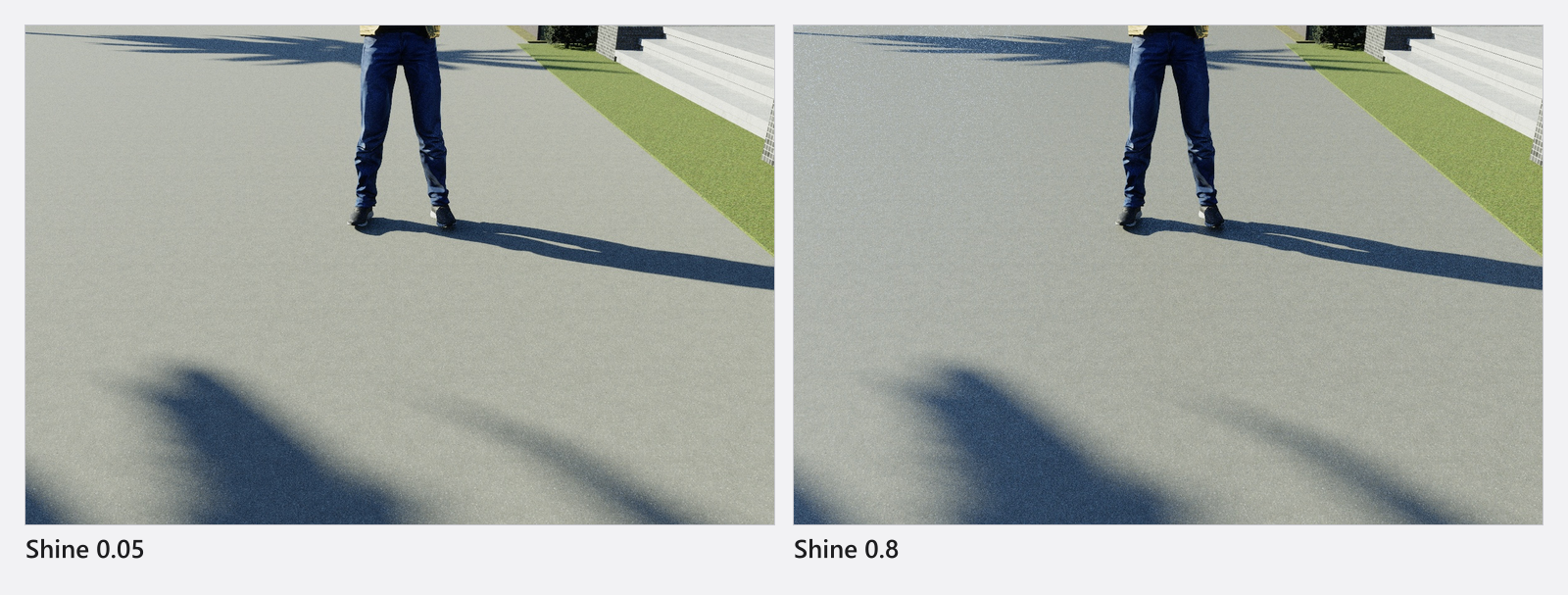 同样的地面、同样的 HDRI 环境:光泽 0.05 · 光泽 0.8